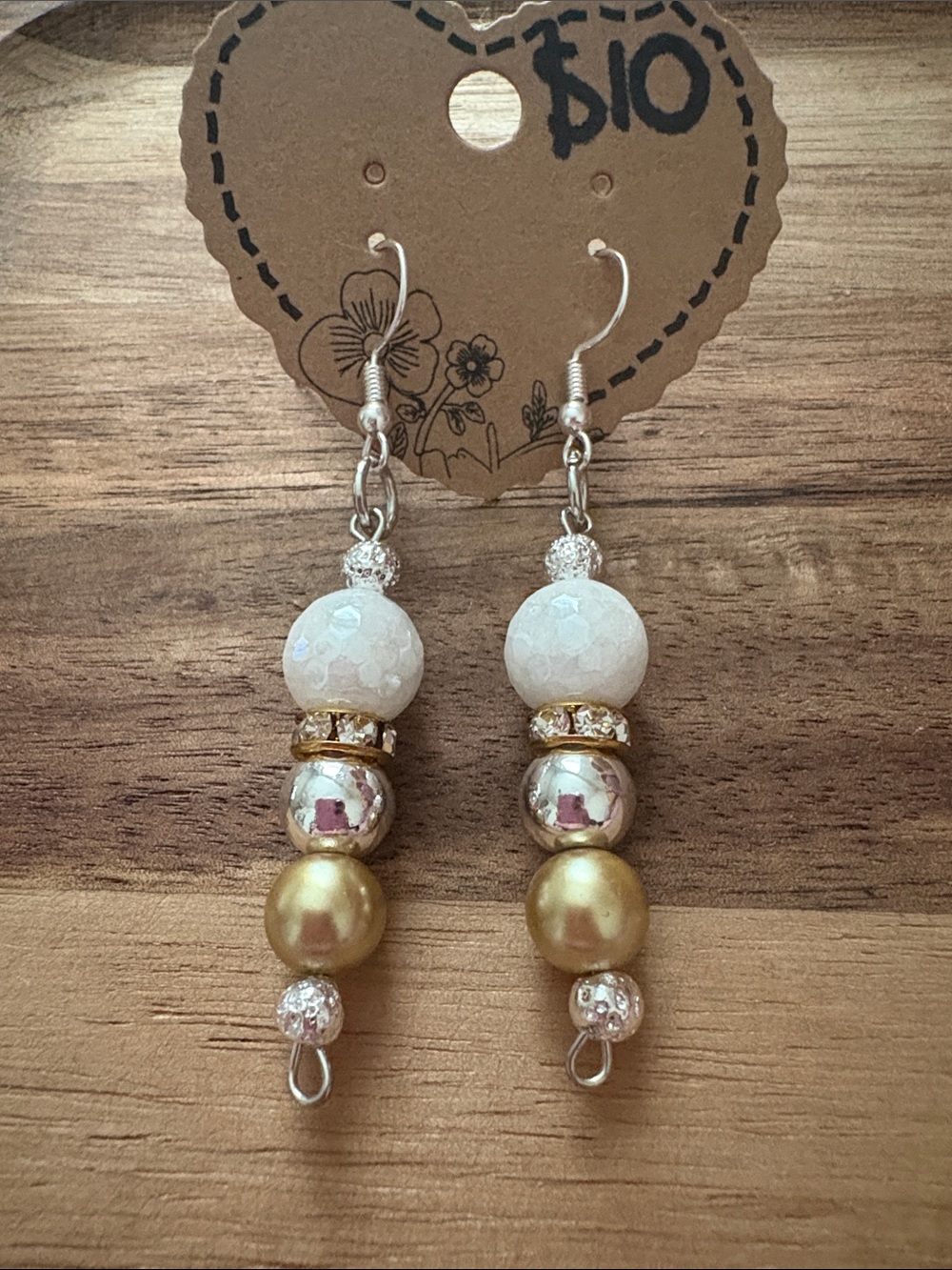 Handmade Gold and White Beaded Drop Earrings- Quartz, Lava Stone, Hematite